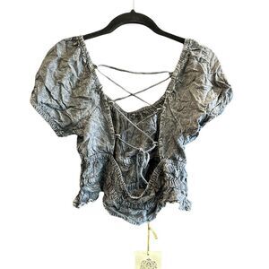 Rebellion Again Acid Wash Black Crop Top Lace-Up Back Flutter Sleeve size L